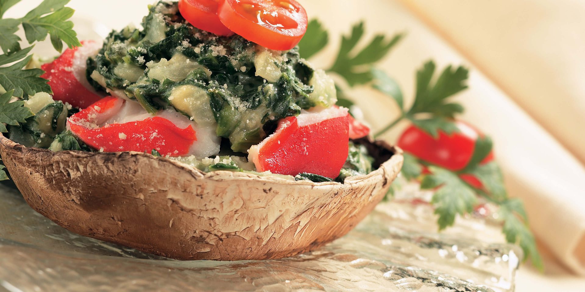 Portabello Mushroom Caps with Crab Florentine - Clover Leaf