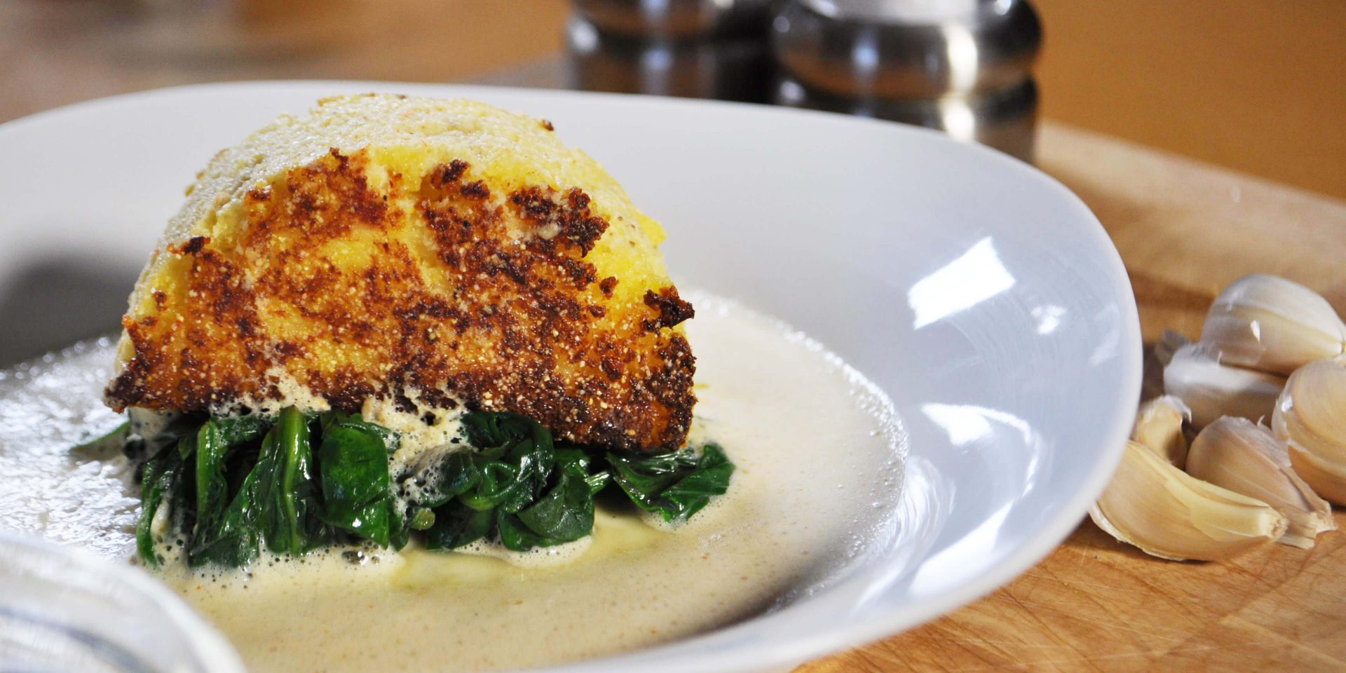 Grilled Tuna Polenta on Spinach and Sauce - Clover Leaf